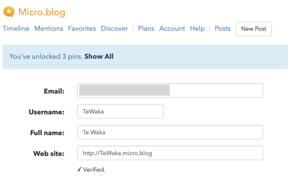 TeWaka account name page.    