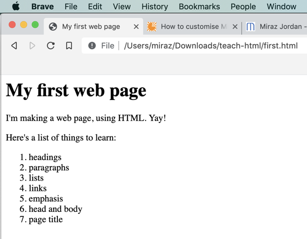 My first web page as displayed in a browser. 