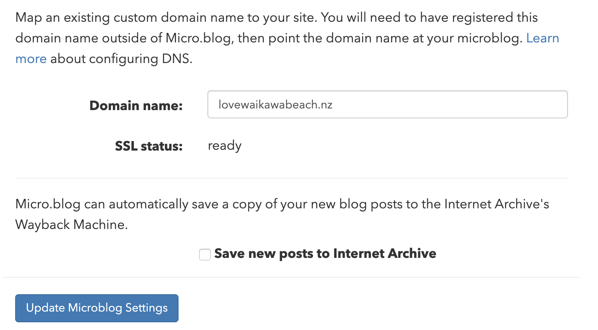 Micro.Blog domain name section. 