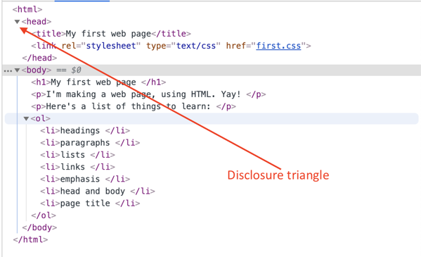 Disclosure triangles in the web inspector.